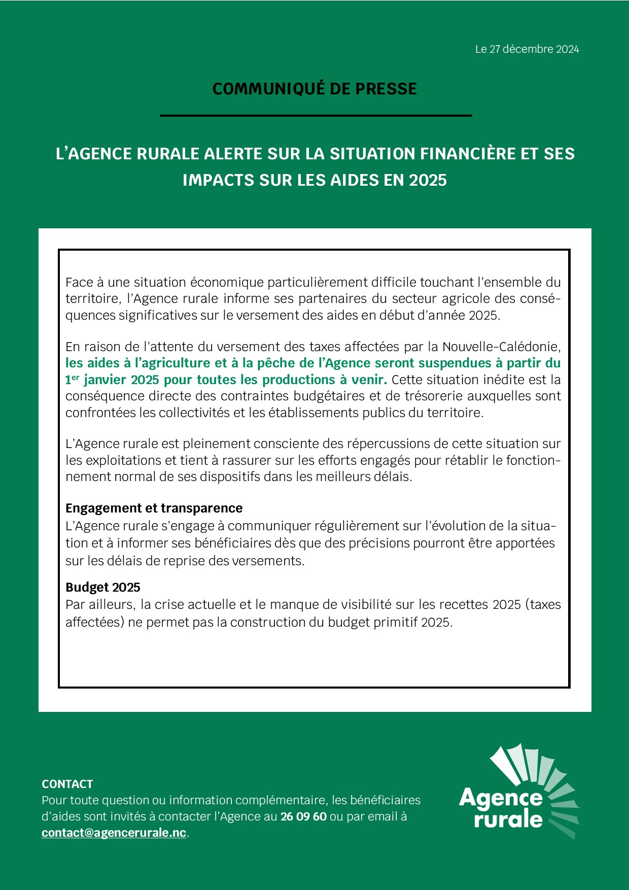 ALERTE AIDES 2025 Agence Rurale
